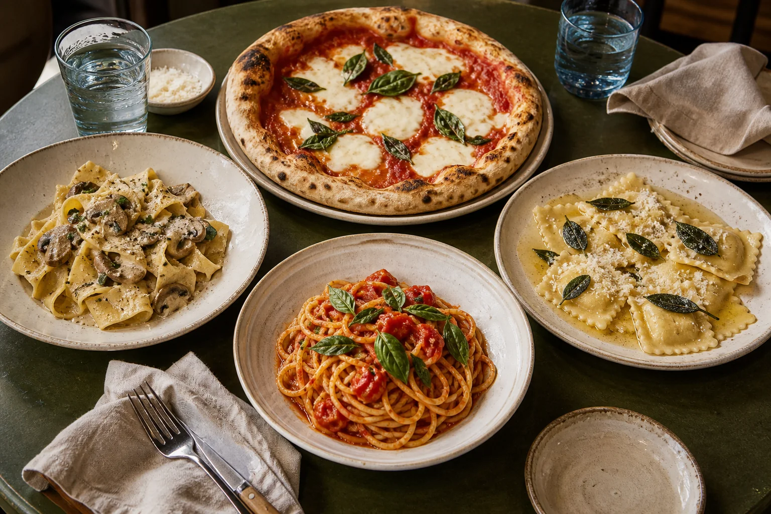 Mesa con pastas y pizza artesanal